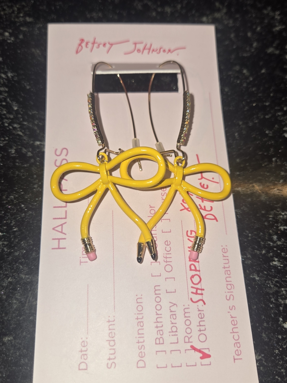 Betsey Johnson Yellow Pencil Bow Drop Earrings